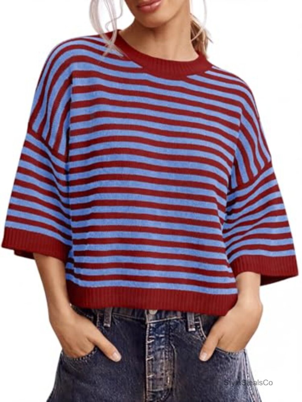 Womens Oversized Striped Sweater Short Sleeve Knit Pullover Top